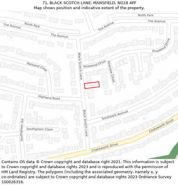 71, BLACK SCOTCH LANE, MANSFIELD, NG18 4PF: Location map and indicative extent of plot