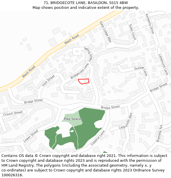 71, BRIDGECOTE LANE, BASILDON, SS15 4BW: Location map and indicative extent of plot