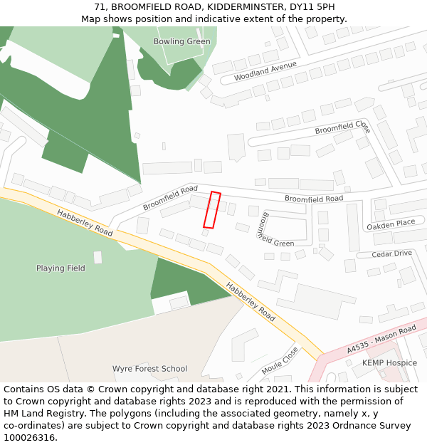 71, BROOMFIELD ROAD, KIDDERMINSTER, DY11 5PH: Location map and indicative extent of plot