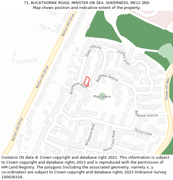 71, BUCKTHORNE ROAD, MINSTER ON SEA, SHEERNESS, ME12 3RD: Location map and indicative extent of plot