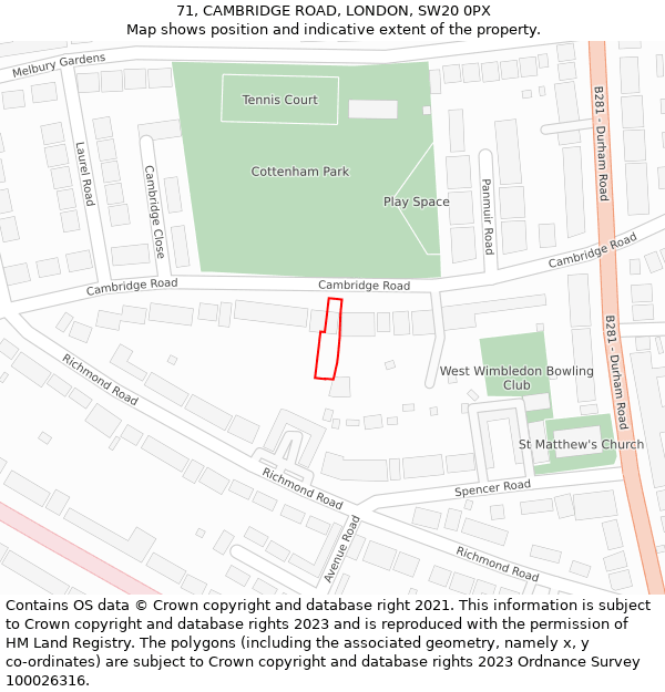 71, CAMBRIDGE ROAD, LONDON, SW20 0PX: Location map and indicative extent of plot