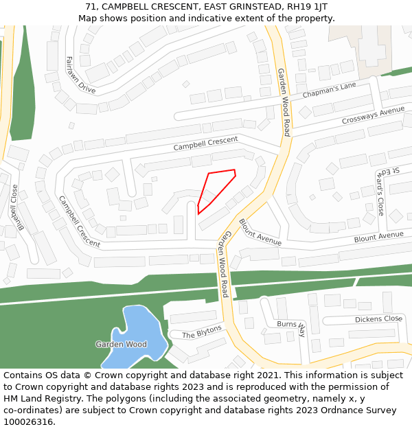 71, CAMPBELL CRESCENT, EAST GRINSTEAD, RH19 1JT: Location map and indicative extent of plot