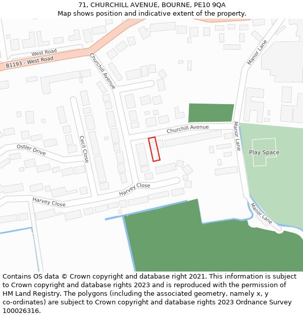 71, CHURCHILL AVENUE, BOURNE, PE10 9QA: Location map and indicative extent of plot