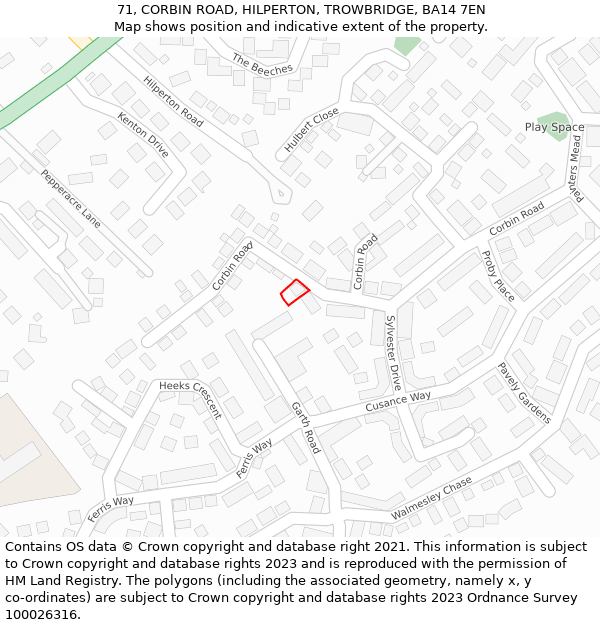 71, CORBIN ROAD, HILPERTON, TROWBRIDGE, BA14 7EN: Location map and indicative extent of plot