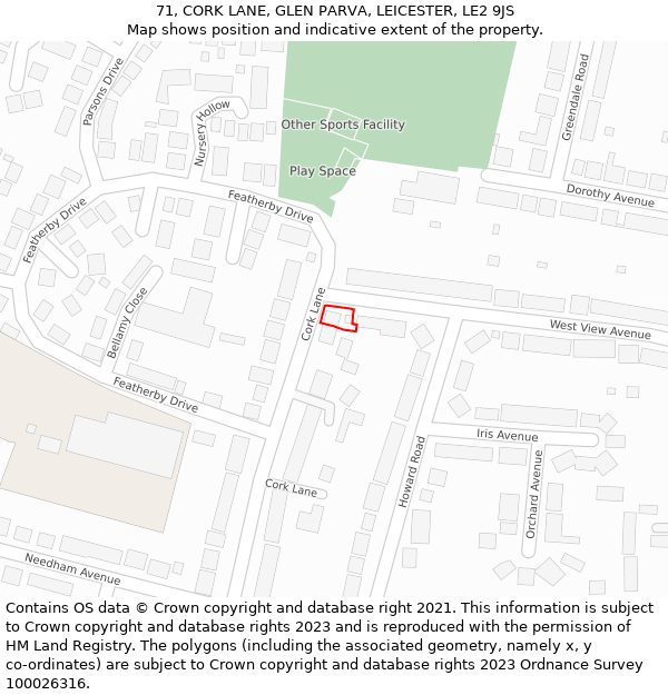 71, CORK LANE, GLEN PARVA, LEICESTER, LE2 9JS: Location map and indicative extent of plot