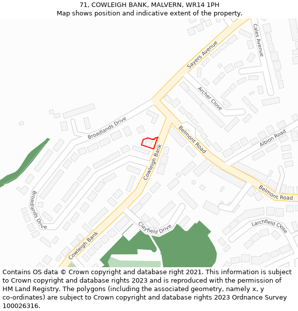 71, COWLEIGH BANK, MALVERN, WR14 1PH: Location map and indicative extent of plot