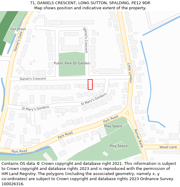 71, DANIELS CRESCENT, LONG SUTTON, SPALDING, PE12 9DR: Location map and indicative extent of plot