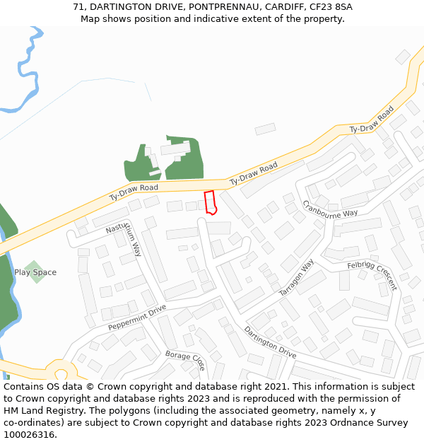71, DARTINGTON DRIVE, PONTPRENNAU, CARDIFF, CF23 8SA: Location map and indicative extent of plot