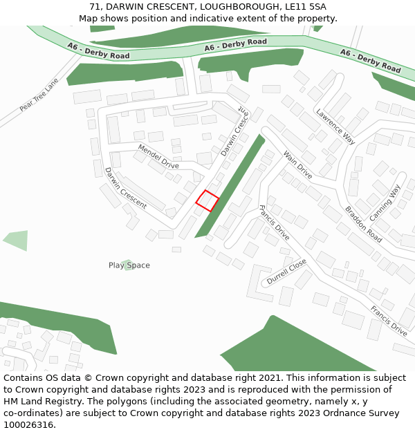 71, DARWIN CRESCENT, LOUGHBOROUGH, LE11 5SA: Location map and indicative extent of plot