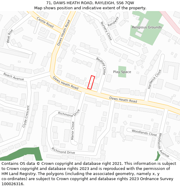 71, DAWS HEATH ROAD, RAYLEIGH, SS6 7QW: Location map and indicative extent of plot