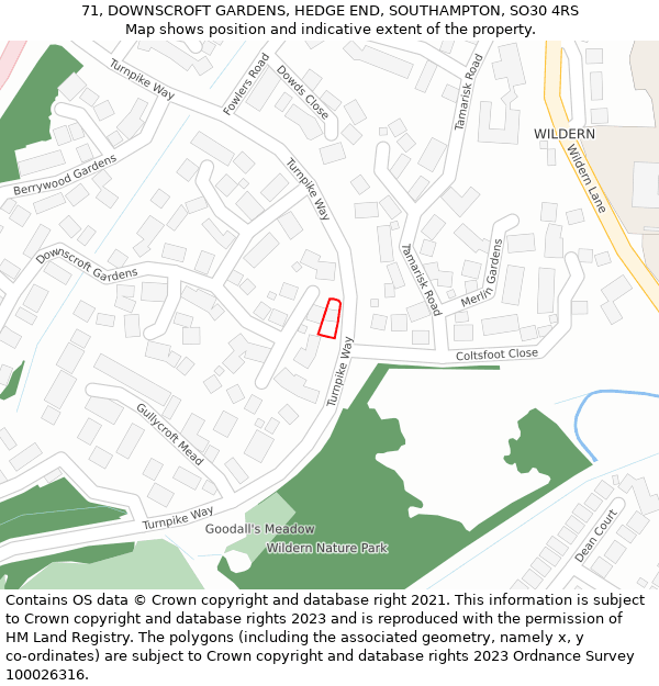 71, DOWNSCROFT GARDENS, HEDGE END, SOUTHAMPTON, SO30 4RS: Location map and indicative extent of plot