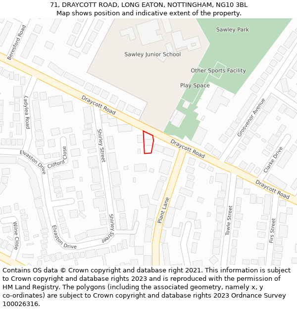 71, DRAYCOTT ROAD, LONG EATON, NOTTINGHAM, NG10 3BL: Location map and indicative extent of plot