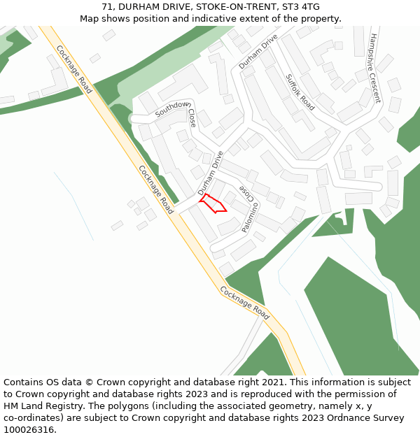 71, DURHAM DRIVE, STOKE-ON-TRENT, ST3 4TG: Location map and indicative extent of plot