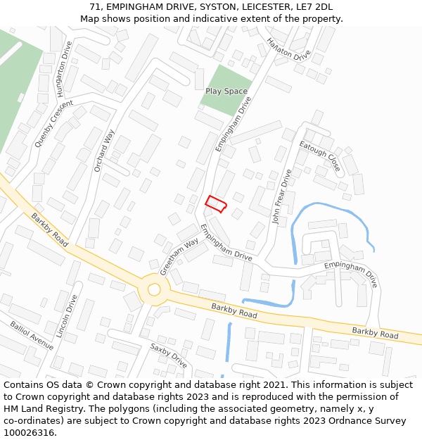 71, EMPINGHAM DRIVE, SYSTON, LEICESTER, LE7 2DL: Location map and indicative extent of plot