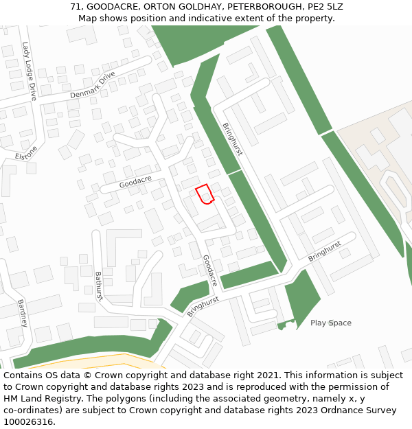 71, GOODACRE, ORTON GOLDHAY, PETERBOROUGH, PE2 5LZ: Location map and indicative extent of plot