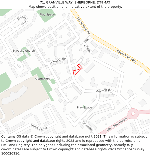 71, GRANVILLE WAY, SHERBORNE, DT9 4AT: Location map and indicative extent of plot