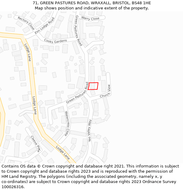 71, GREEN PASTURES ROAD, WRAXALL, BRISTOL, BS48 1HE: Location map and indicative extent of plot