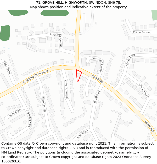 71, GROVE HILL, HIGHWORTH, SWINDON, SN6 7JL: Location map and indicative extent of plot