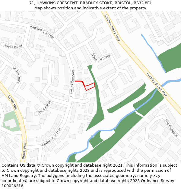 71, HAWKINS CRESCENT, BRADLEY STOKE, BRISTOL, BS32 8EL: Location map and indicative extent of plot