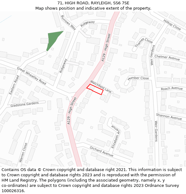 71, HIGH ROAD, RAYLEIGH, SS6 7SE: Location map and indicative extent of plot