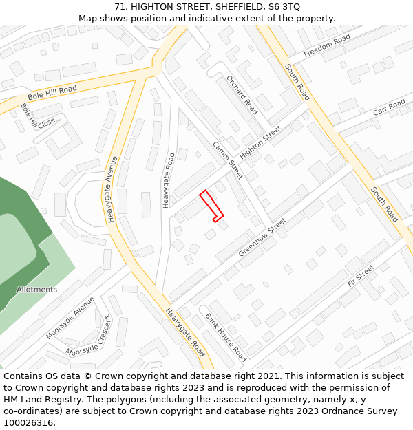 71, HIGHTON STREET, SHEFFIELD, S6 3TQ: Location map and indicative extent of plot