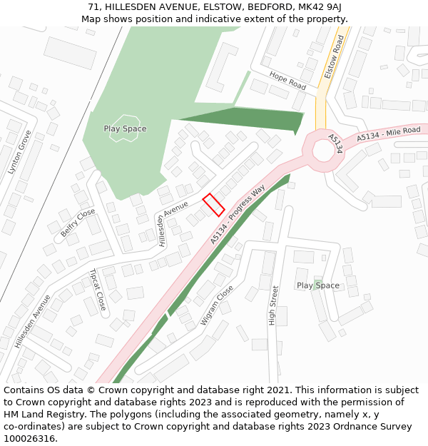 71, HILLESDEN AVENUE, ELSTOW, BEDFORD, MK42 9AJ: Location map and indicative extent of plot