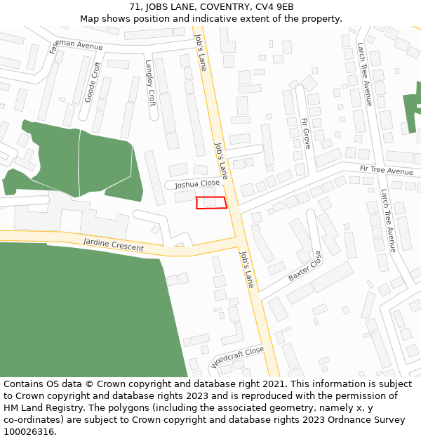 71, JOBS LANE, COVENTRY, CV4 9EB: Location map and indicative extent of plot