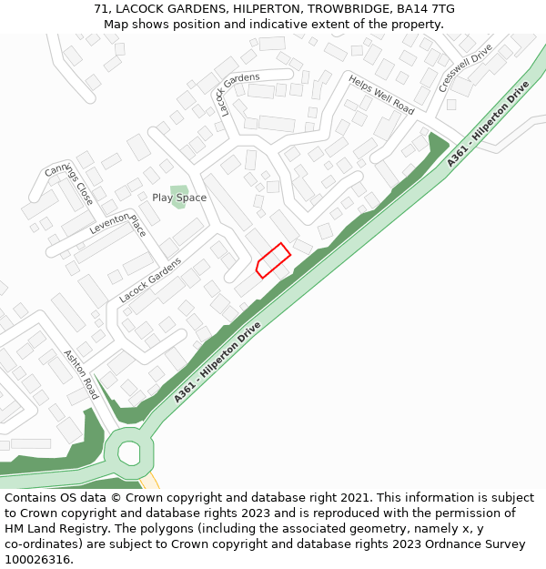 71, LACOCK GARDENS, HILPERTON, TROWBRIDGE, BA14 7TG: Location map and indicative extent of plot