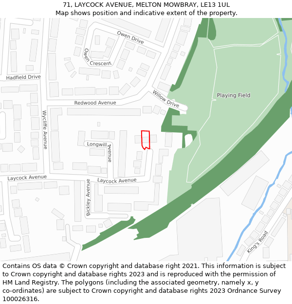 71, LAYCOCK AVENUE, MELTON MOWBRAY, LE13 1UL: Location map and indicative extent of plot