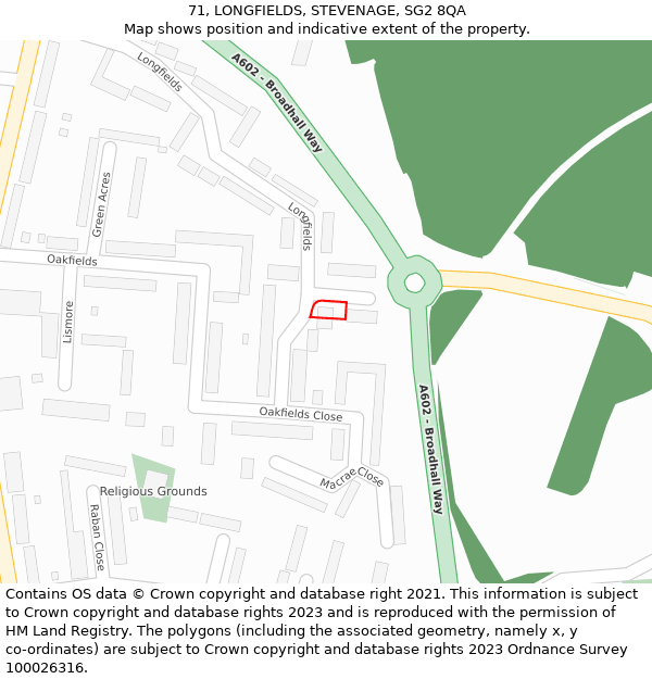 71, LONGFIELDS, STEVENAGE, SG2 8QA: Location map and indicative extent of plot