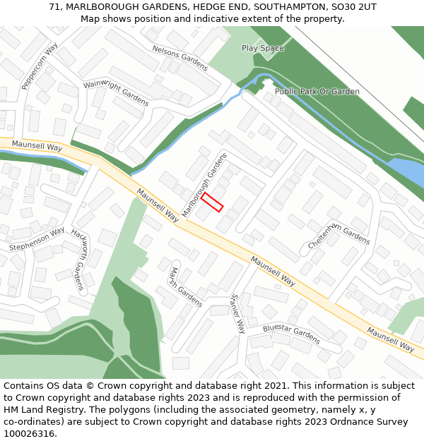 71, MARLBOROUGH GARDENS, HEDGE END, SOUTHAMPTON, SO30 2UT: Location map and indicative extent of plot