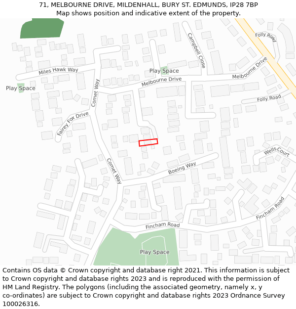 71, MELBOURNE DRIVE, MILDENHALL, BURY ST. EDMUNDS, IP28 7BP: Location map and indicative extent of plot