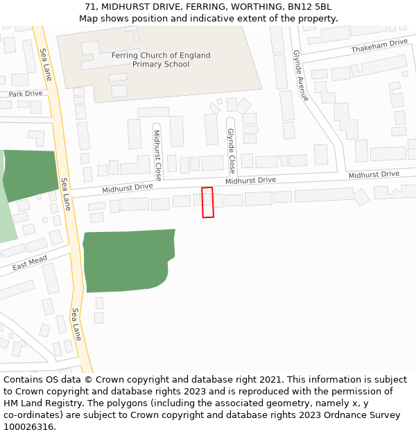 71, MIDHURST DRIVE, FERRING, WORTHING, BN12 5BL: Location map and indicative extent of plot