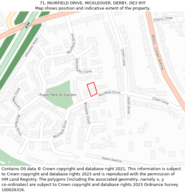 71, MUIRFIELD DRIVE, MICKLEOVER, DERBY, DE3 9YF: Location map and indicative extent of plot