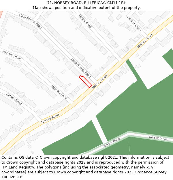 71, NORSEY ROAD, BILLERICAY, CM11 1BH: Location map and indicative extent of plot