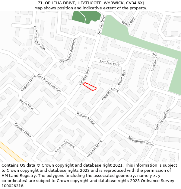 71, OPHELIA DRIVE, HEATHCOTE, WARWICK, CV34 6XJ: Location map and indicative extent of plot