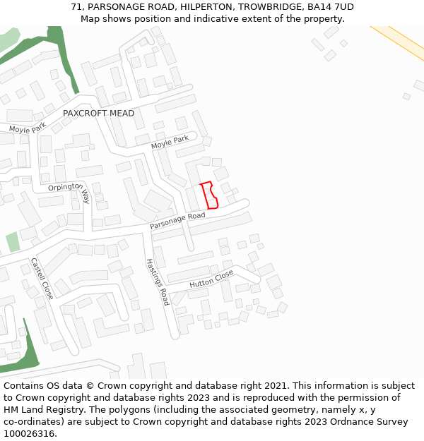 71, PARSONAGE ROAD, HILPERTON, TROWBRIDGE, BA14 7UD: Location map and indicative extent of plot