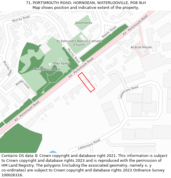 71, PORTSMOUTH ROAD, HORNDEAN, WATERLOOVILLE, PO8 9LH: Location map and indicative extent of plot