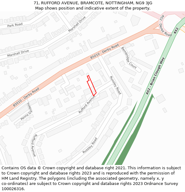 71, RUFFORD AVENUE, BRAMCOTE, NOTTINGHAM, NG9 3JG: Location map and indicative extent of plot