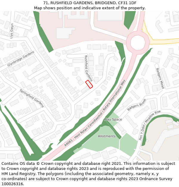 71, RUSHFIELD GARDENS, BRIDGEND, CF31 1DF: Location map and indicative extent of plot