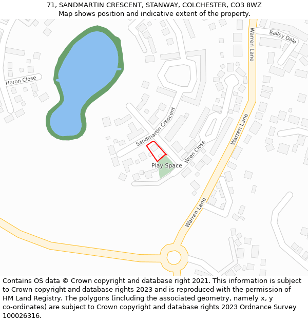 71, SANDMARTIN CRESCENT, STANWAY, COLCHESTER, CO3 8WZ: Location map and indicative extent of plot