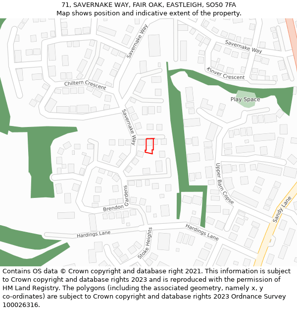 71, SAVERNAKE WAY, FAIR OAK, EASTLEIGH, SO50 7FA: Location map and indicative extent of plot