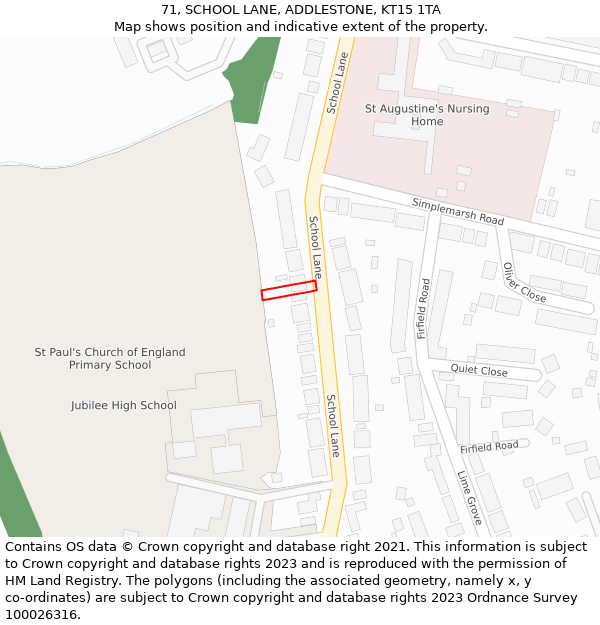 71, SCHOOL LANE, ADDLESTONE, KT15 1TA: Location map and indicative extent of plot