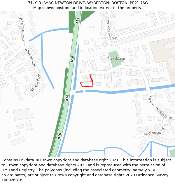 71, SIR ISAAC NEWTON DRIVE, WYBERTON, BOSTON, PE21 7SG: Location map and indicative extent of plot