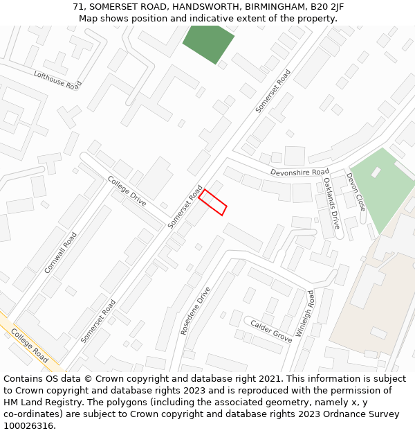 71, SOMERSET ROAD, HANDSWORTH, BIRMINGHAM, B20 2JF: Location map and indicative extent of plot