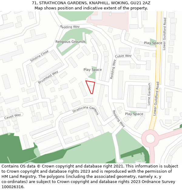 71, STRATHCONA GARDENS, KNAPHILL, WOKING, GU21 2AZ: Location map and indicative extent of plot