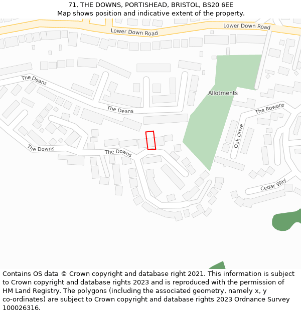 71, THE DOWNS, PORTISHEAD, BRISTOL, BS20 6EE: Location map and indicative extent of plot