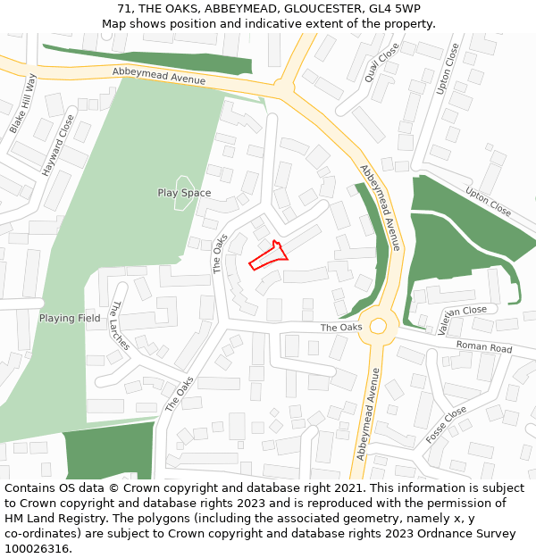 71, THE OAKS, ABBEYMEAD, GLOUCESTER, GL4 5WP: Location map and indicative extent of plot
