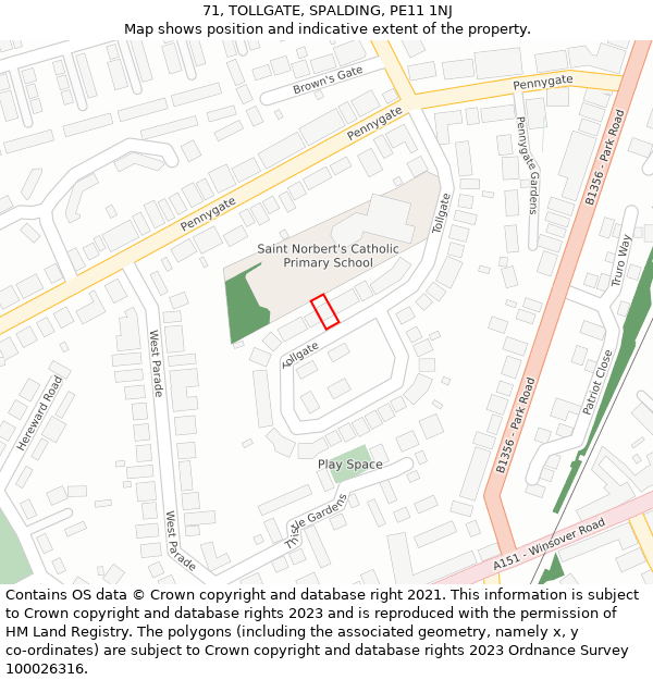 71, TOLLGATE, SPALDING, PE11 1NJ: Location map and indicative extent of plot