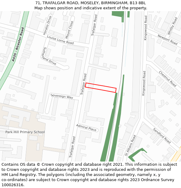 71, TRAFALGAR ROAD, MOSELEY, BIRMINGHAM, B13 8BL: Location map and indicative extent of plot